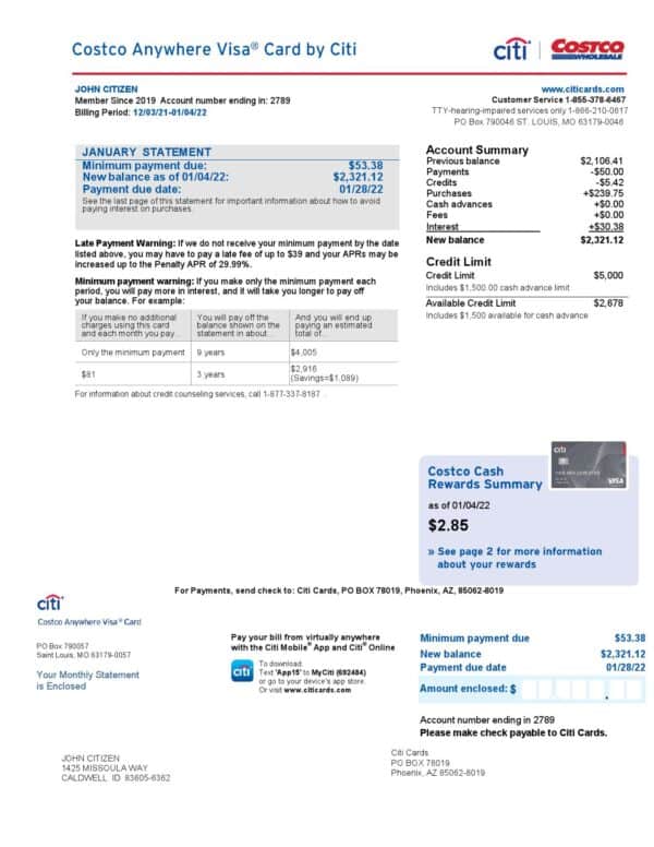 USA-New-Jersey-Costco-card-by-Citi-bank-statement-4-pages_000001.jpg USA Costco Anywhere Visa Card by Citi bank statement, Word and PDF template, 4 pages