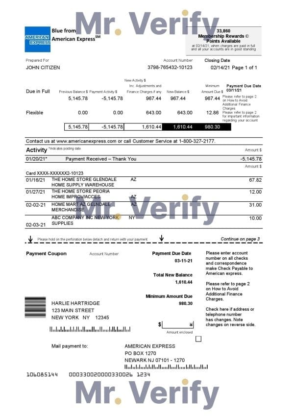 USA New York American Express Blue bank statement in Excel and PDF format