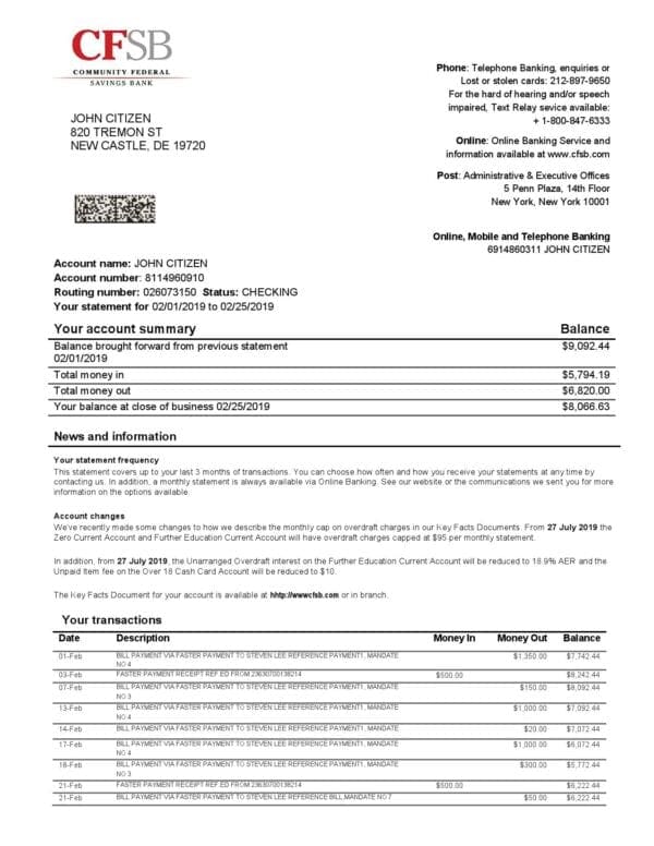USA New York CFSB bank statement easy to fill templates in Word and PDF format