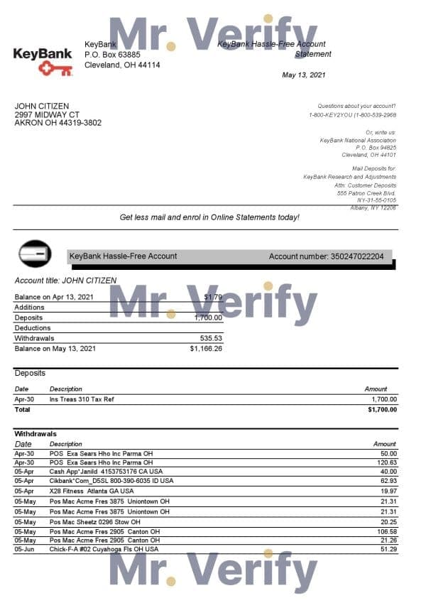 USA Ohio KeyBank bank statement template in Excel and PDF format