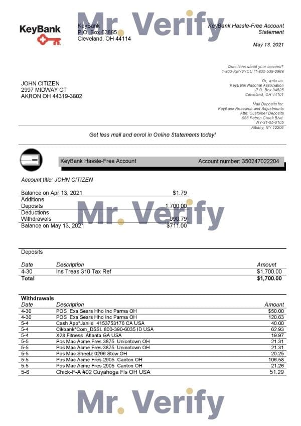 USA Ohio KeyBank bank statement template in Word and PDF format