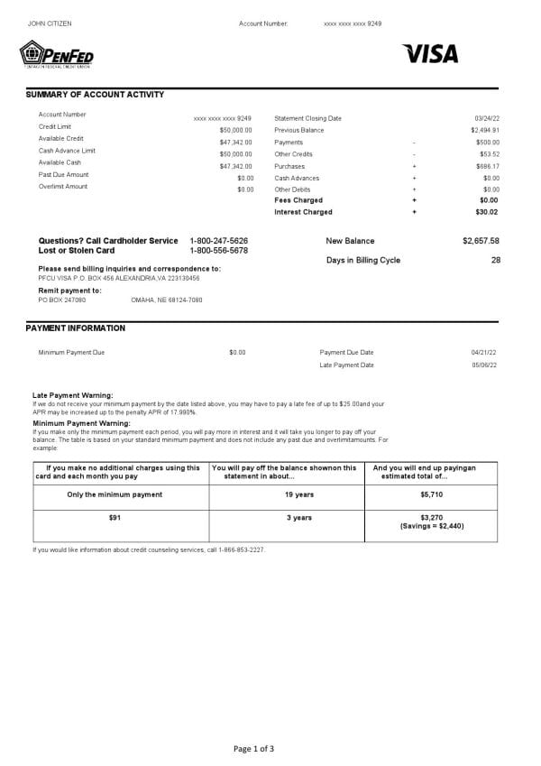 USA-Pentagon-Federal-Credit-Union-PenFed-bank-statement-Word-and-PDF-template-3-pages-1.jpg USA Pentagon Federal Credit Union (PenFed) bank statement, Word and PDF template, 3 pages