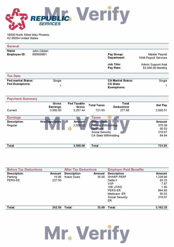 USA-Republic-Services-waste-management.jpg USA Republic Services waste management company pay stub Word and PDF template