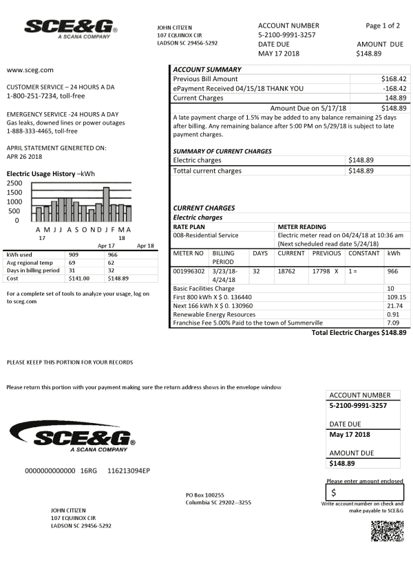 USA South Carolina SCE&G electricity utility bill template in Word and PDF format