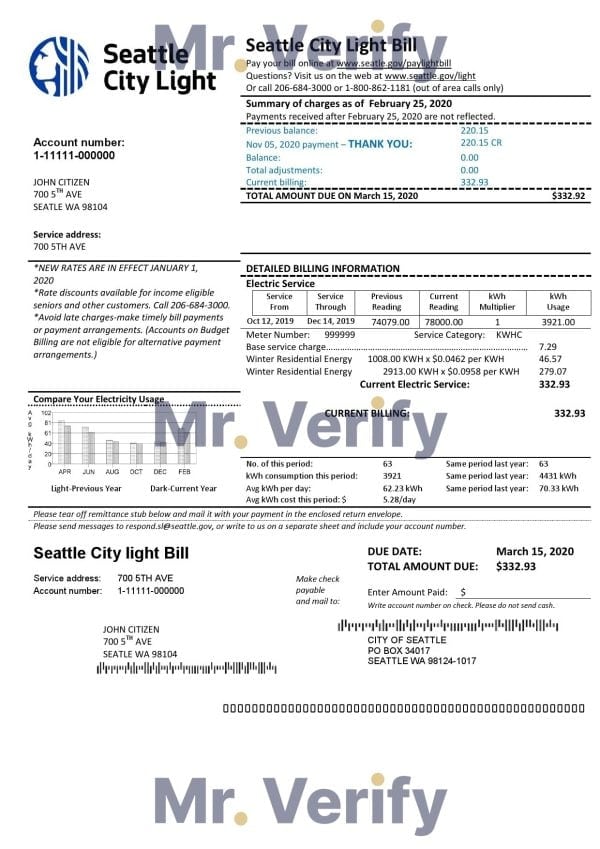 USA Washington Seattle City Light utility bill template in Word and PDF format