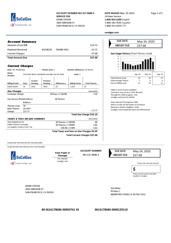 USA-SoCalGas.png USA California SoCal Gas utility bill template in Word and PDF format