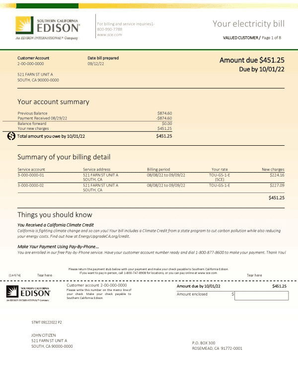 USA Southern California EDISON utility bill, Word and PDF template, 8 pages