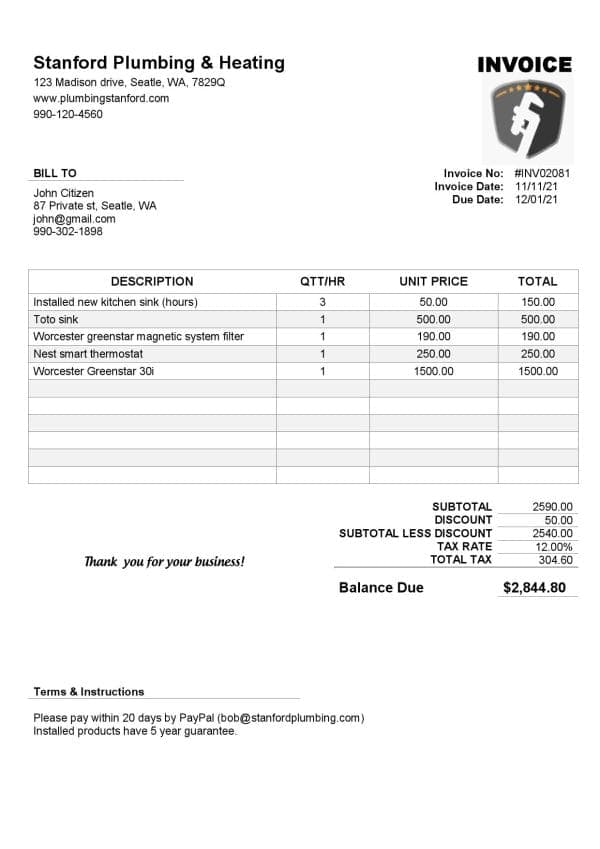 USA Stanford Plumbing & Heating company invoice template in Word and PDF format, fully editable