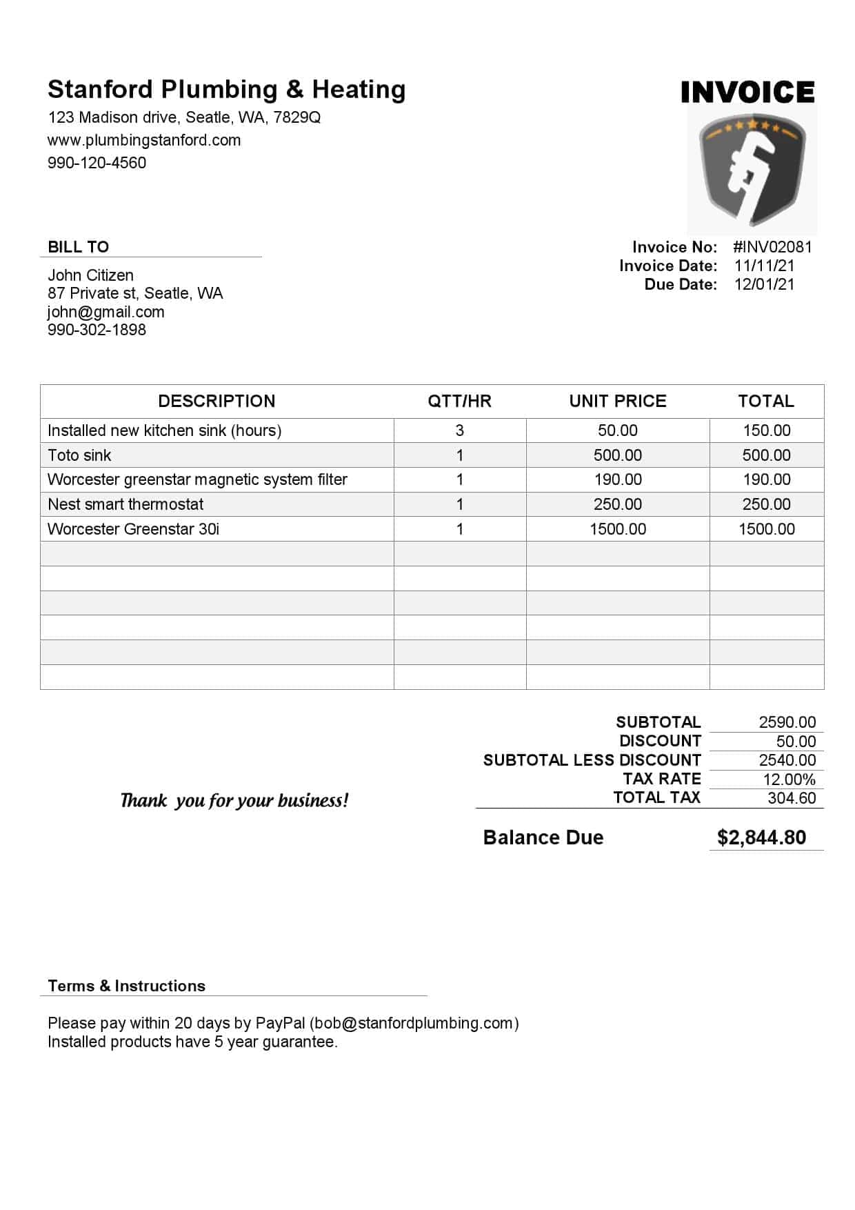 USA Stanford Plumbing & Heating company invoice template in Word and PDF format, fully editable USA Stanford Plumbing & Heating company invoice template in Word and PDF format, fully editable