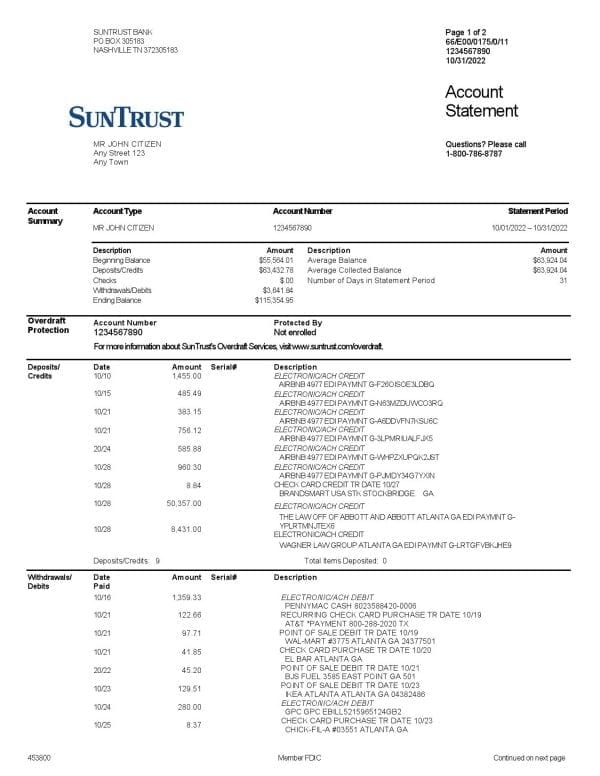 USA SunTrust bank statement, Word and PDF template, 2 pages