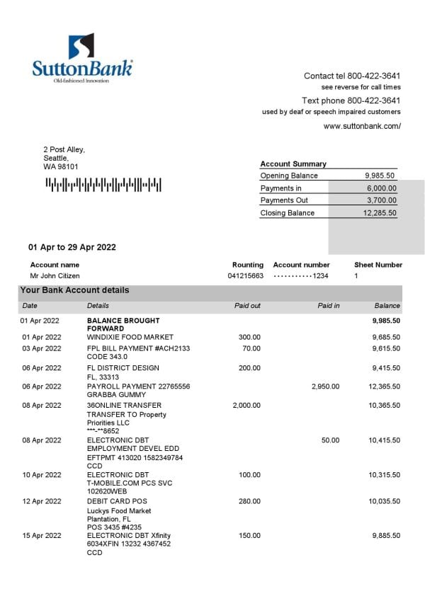 USA-Sutton-bank-statement-Word-and-PDF-template-2-pages-1.jpg USA Sutton bank statement Word and PDF template, 2 pages