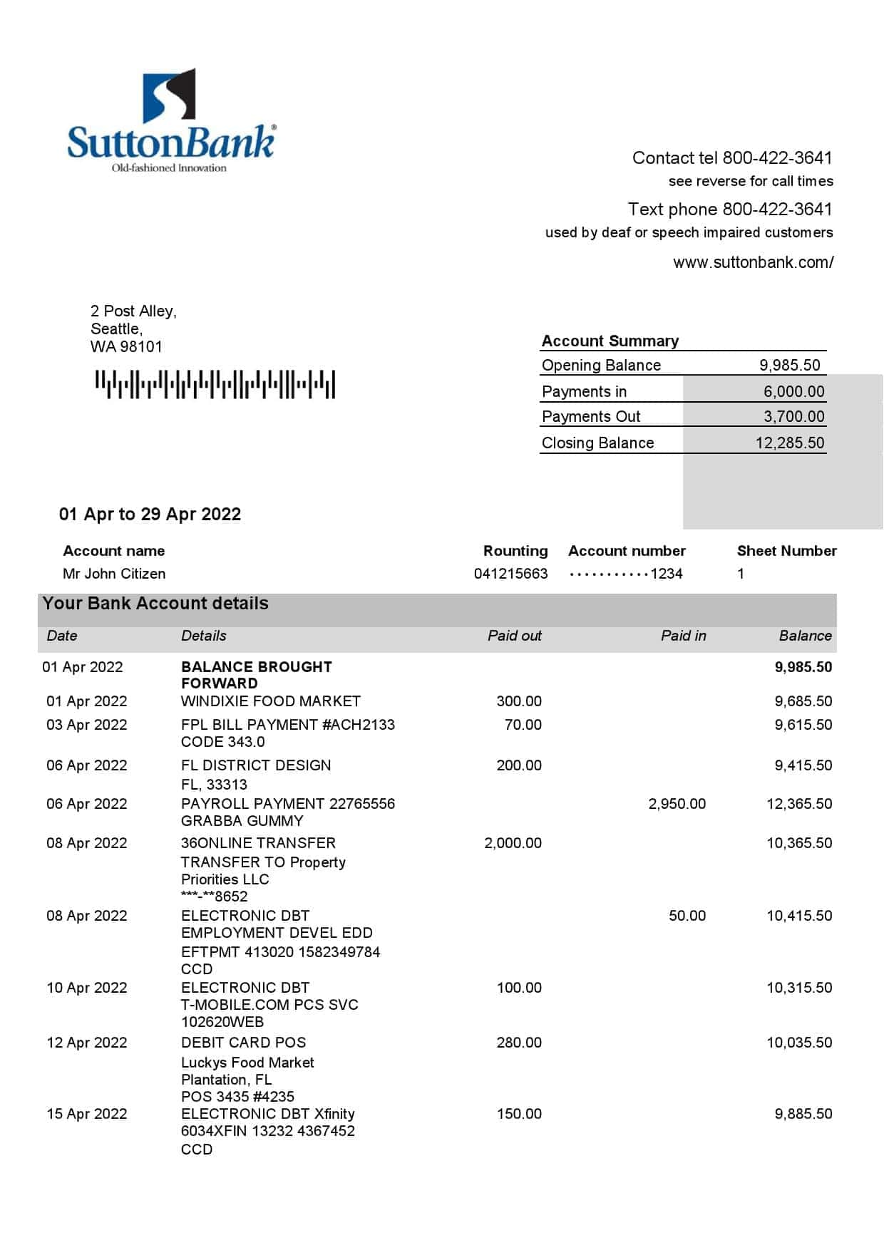 USA-Sutton-bank-statement-Word-and-PDF-template-2-pages-1.jpg USA Sutton bank statement Word and PDF template, 2 pages