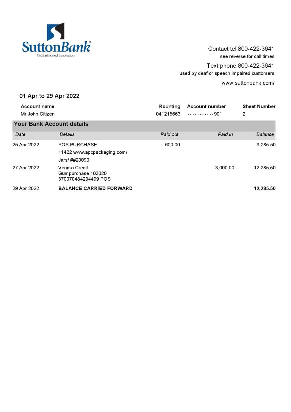 USA-Sutton-bank-statement-Word-and-PDF-template-2-pages-2.jpg USA Sutton bank statement Word and PDF template, 2 pages - Image 2