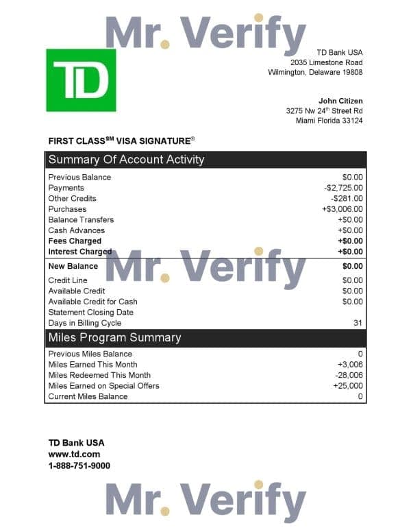 USA TD bank credit card statement template in Word and PDF format