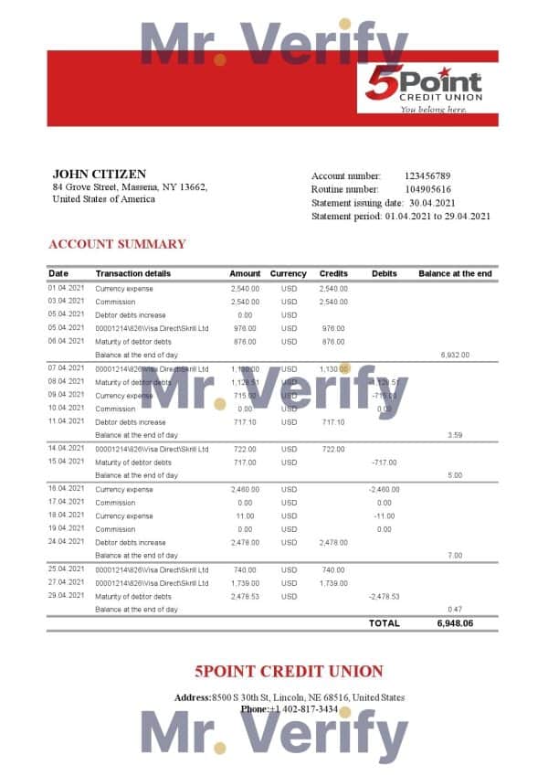 USA Texas 5Point bank statement template in Excel and PDF format