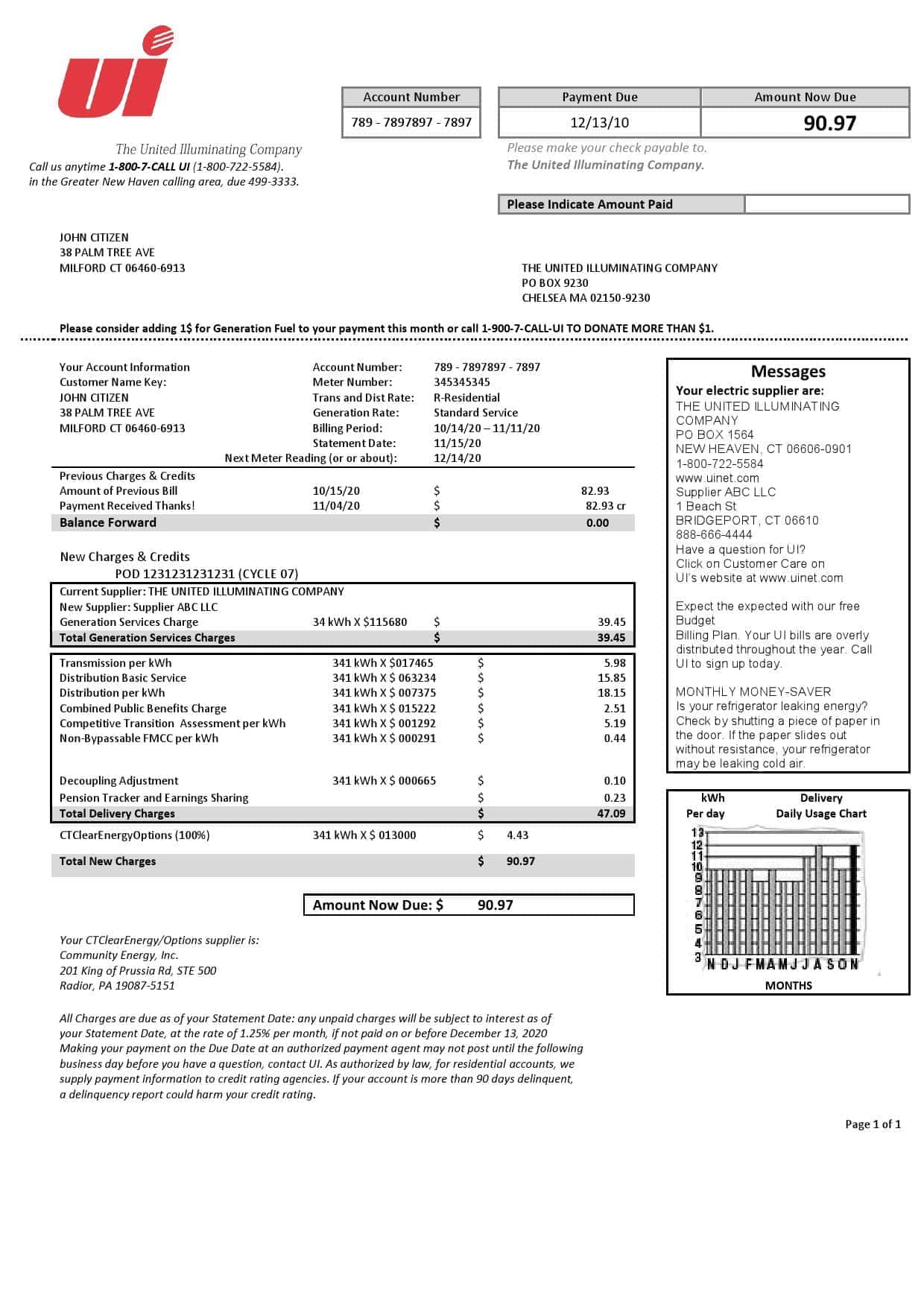 USA-The-United-Illuminating-Company.jpg USA Connecticut The United Illuminating Company electricity utility bill template in Word and PDF format