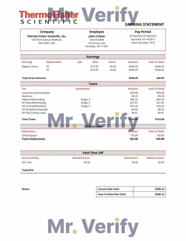 USA Thermo Fisher Scientific laboratory instruments company pay stub Word and PDF template