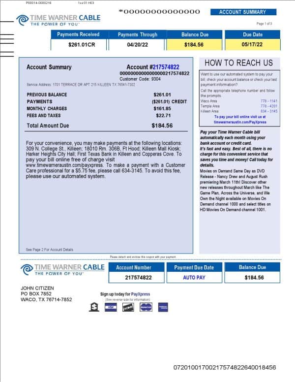 USA Time Warner Cabel utility bill, Word and PDF template, 3 pages