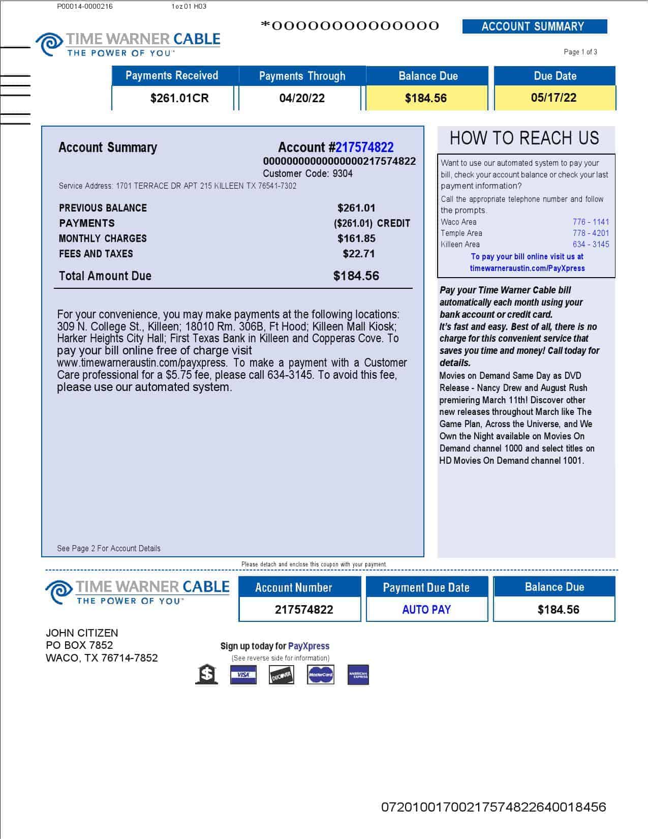 USA-Time-Warner-Cabel-utility-bill-3.jpg USA Time Warner Cabel utility bill, Word and PDF template, 3 pages