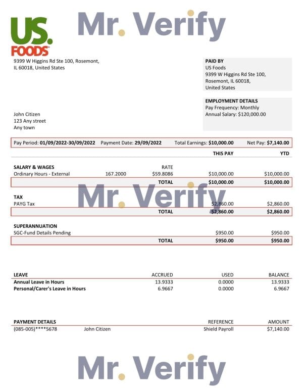 USA US Foods food distribution company pay stub Word and PDF template