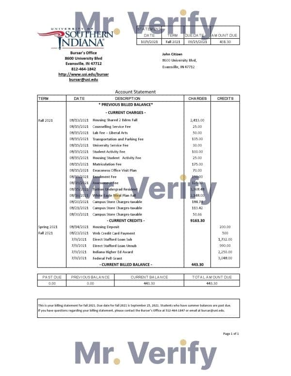 USA University of Southern Indiana account billing statement template in Excel and PDF (.xls and .pdf file) format