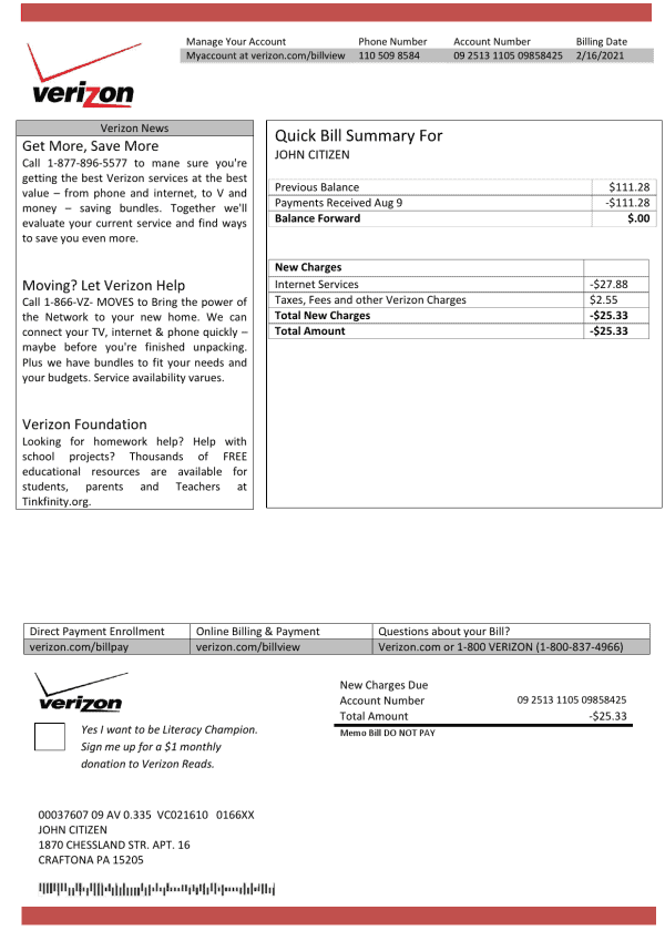 USA Verizon Utility Bill Template in Word and PDF Format