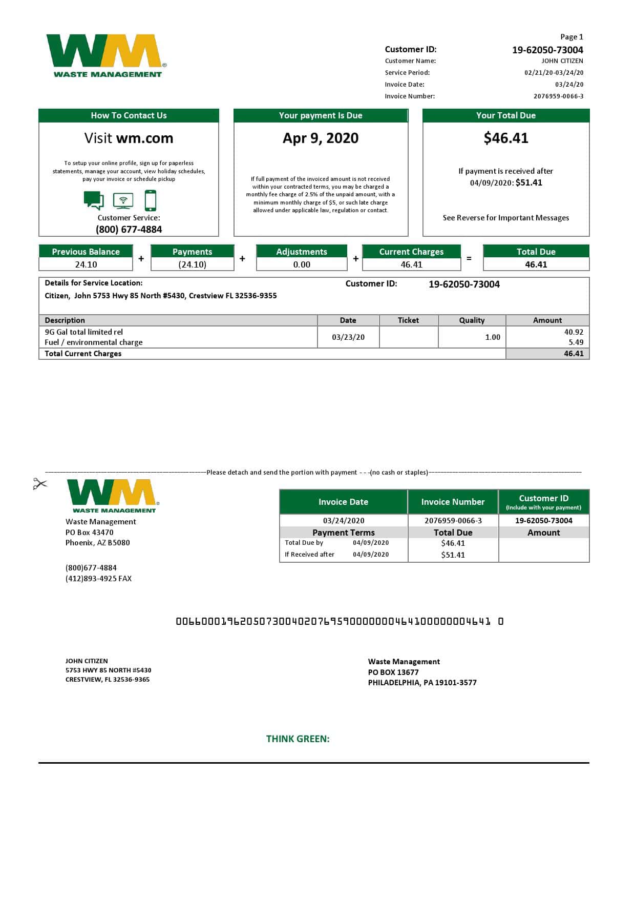 USA-Waste-management_000001.jpg USA Waste Management bank statement template in Word and PDF format, good for address prove
