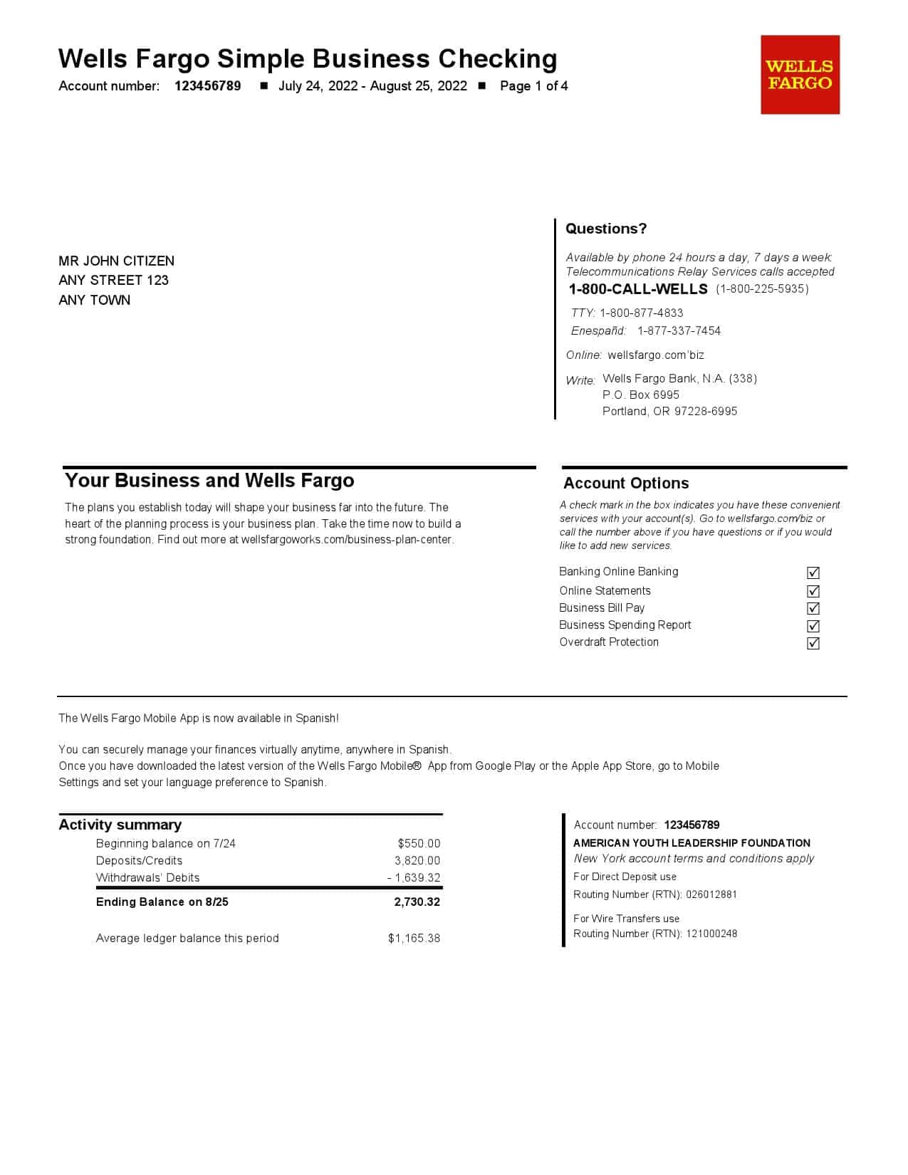 USA-Wells-Fargo-Bank_000001.jpg USA Wells Fargo Bank Simple Business Checking bank statement, Word and PDF template, 4 pages