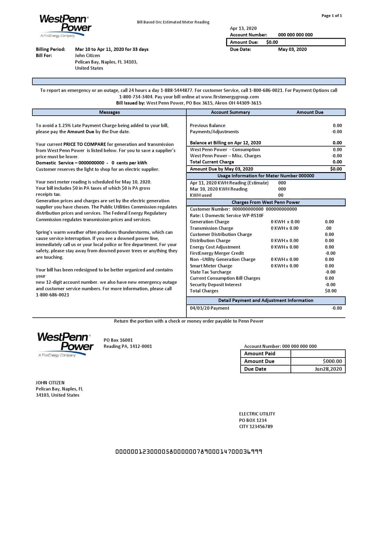 USA-West-Penn-Power.jpg USA Pennsylvania West Penn Power utility bill template in Word and PDF format