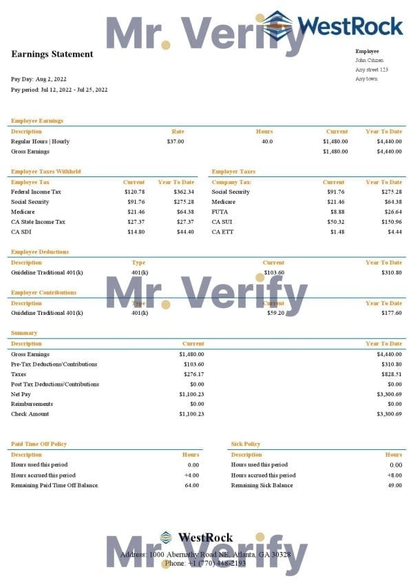 USA-WestRock-packaging-company.jpg USA WestRock packaging company pay stub Word and PDF template