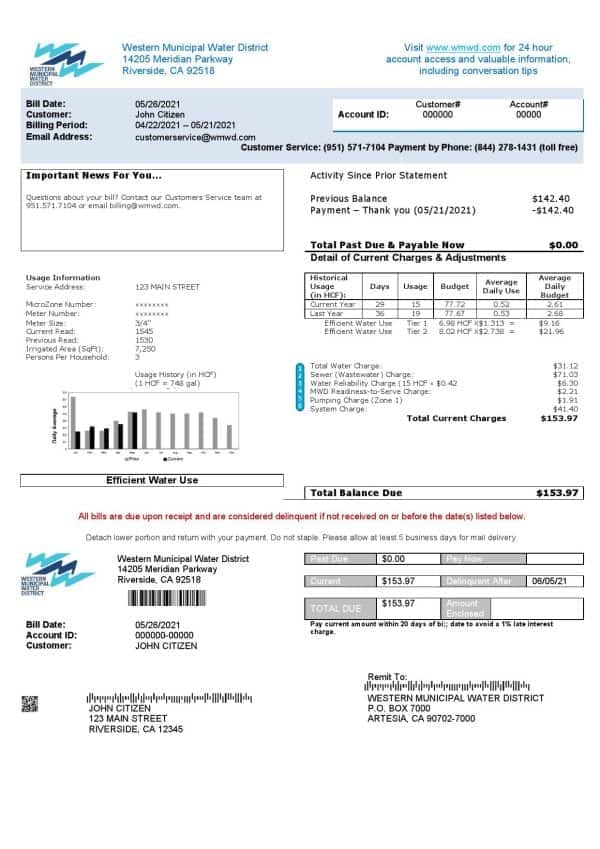 USA-Western-Municipal-Water-District.jpg USA Western Municipal Water District utility bill template in Word and PDF format