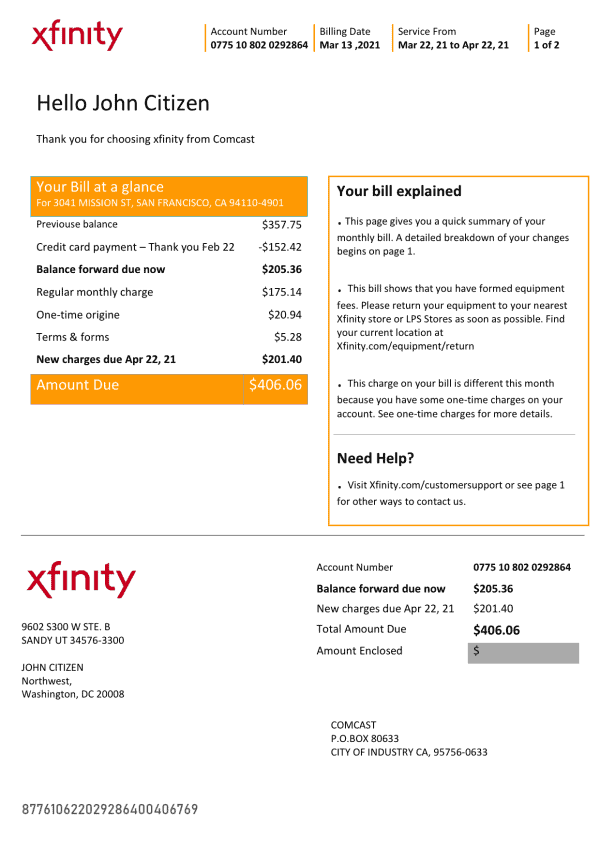 USA-Xfinity-2-pages_000001.png USA San Francisco Xfinity Comcast utility bill template in Word and PDF format (2 pages)