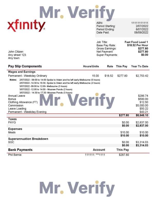USA Xfinity broadasting company pay stub Word and PDF template