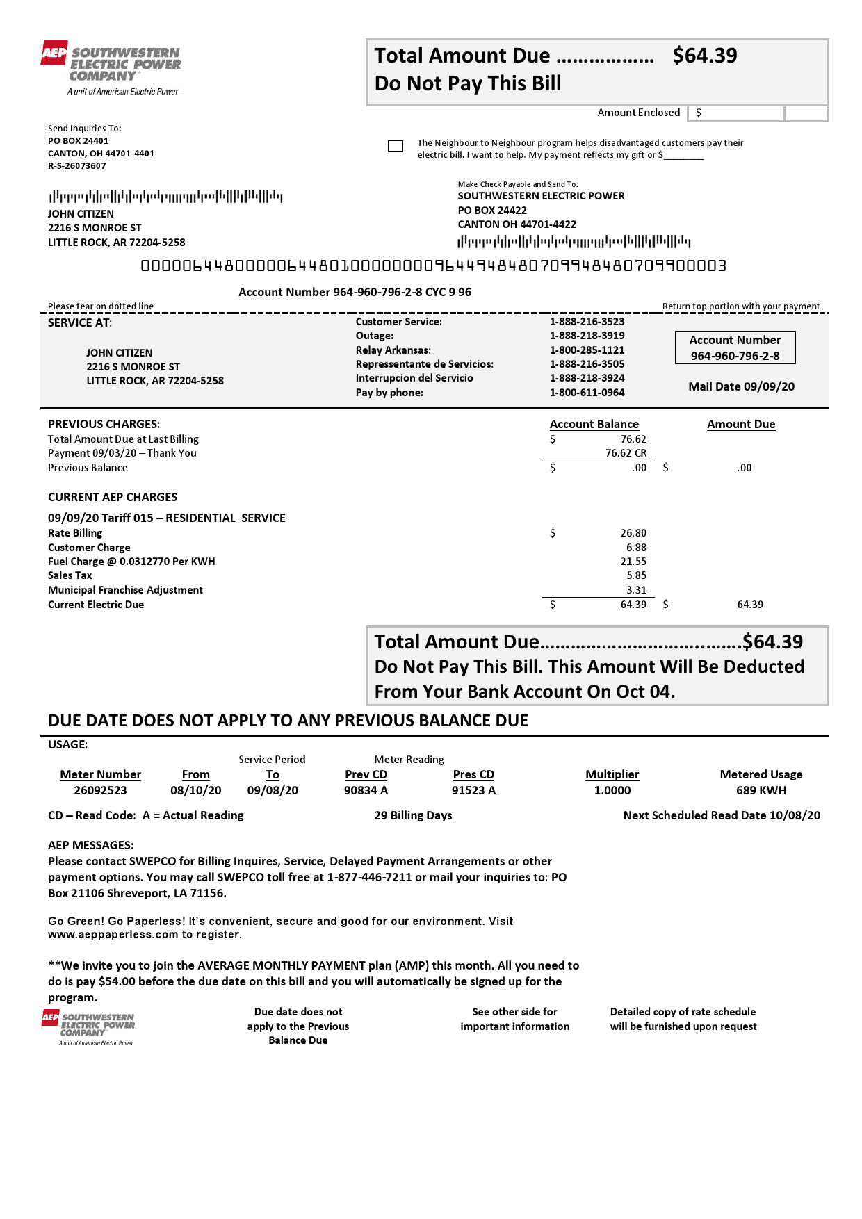 USA-aep.png USA Louisiana AEP (Southwestern Electric Power Company) electricity utility bill template in Word and PDF format