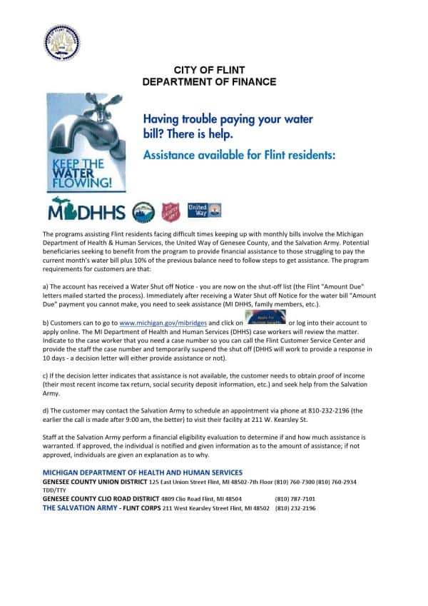 USA City of Flint Michigan Department of Finance utility bill shutoff notice, Word and PDF template