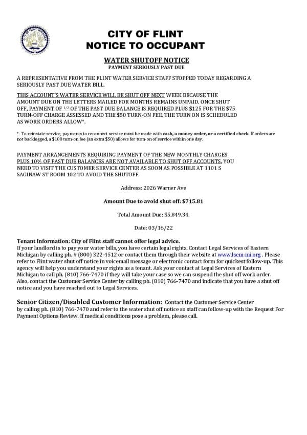 USA City of Flint Michigan Notice to occupant water utility bill shutoff notice, Word and PDF template