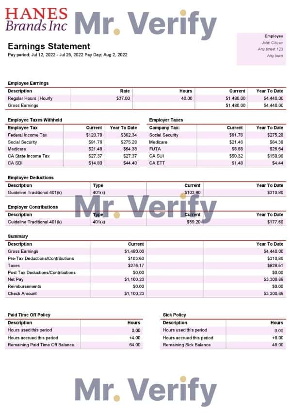 USA clothing company earning statement template in Word and PDF format