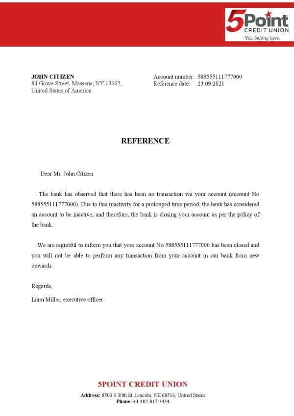 USA 5Point bank account closure reference letter template in Word and PDF format USA 5Point bank account closure reference letter template in Word and PDF format