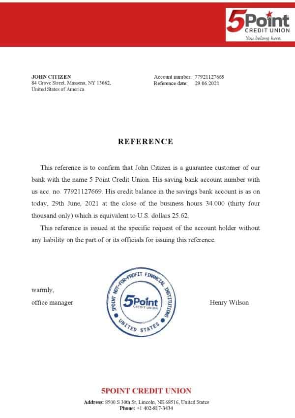 USA 5Point bank account reference letter template in Word and PDF format USA 5Point bank account reference letter template in Word and PDF format