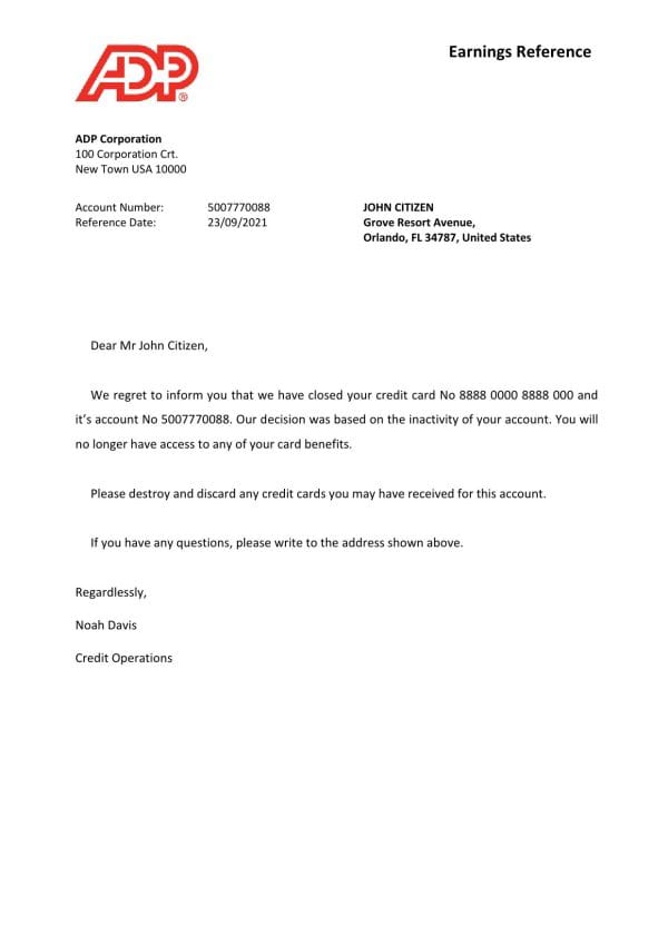 USA ADP bank account closure reference letter template in Word and PDF format USA ADP bank account closure reference letter template in Word and PDF format