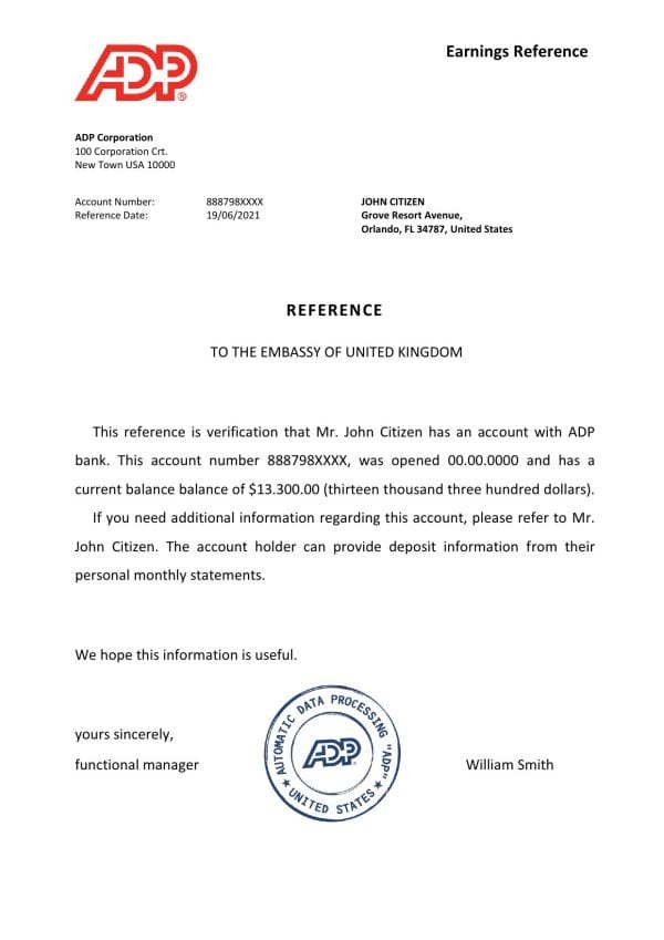 USA ADP bank account reference letter template in Word and PDF format USA ADP bank account reference letter template in Word and PDF format