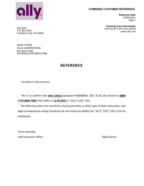 USA Ally bank account closure reference letter template in Word and PDF format USA Ally bank account closure reference letter template in Word and PDF format