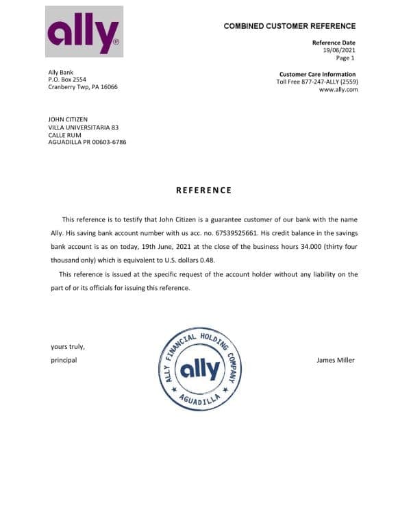 USA Ally bank account reference letter template in Word and PDF format USA Ally bank account reference letter template in Word and PDF format