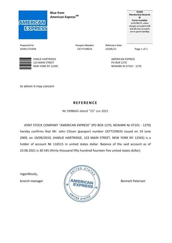 USA American Express bank account balance reference letter template in Word and PDF format USA American Express bank account balance reference letter template in Word and PDF format