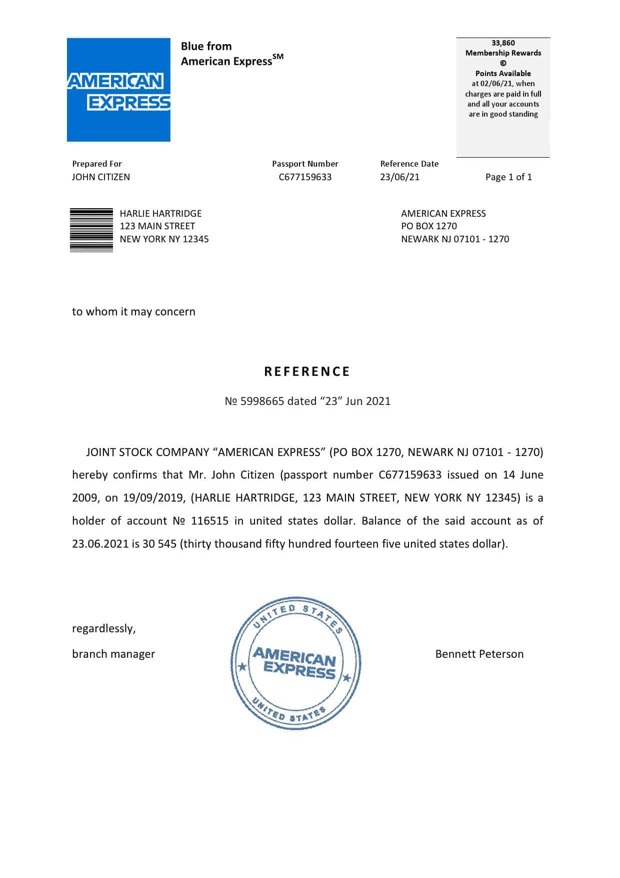 USA American Express bank account balance reference letter template in Word and PDF format USA American Express bank account balance reference letter template in Word and PDF format