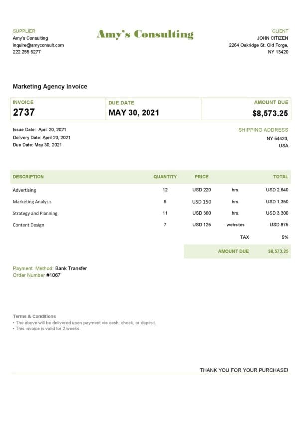 USA_Amy’s Consulting_invoice USA Amy’s Consulting invoice template in Word and PDF format, fully editable