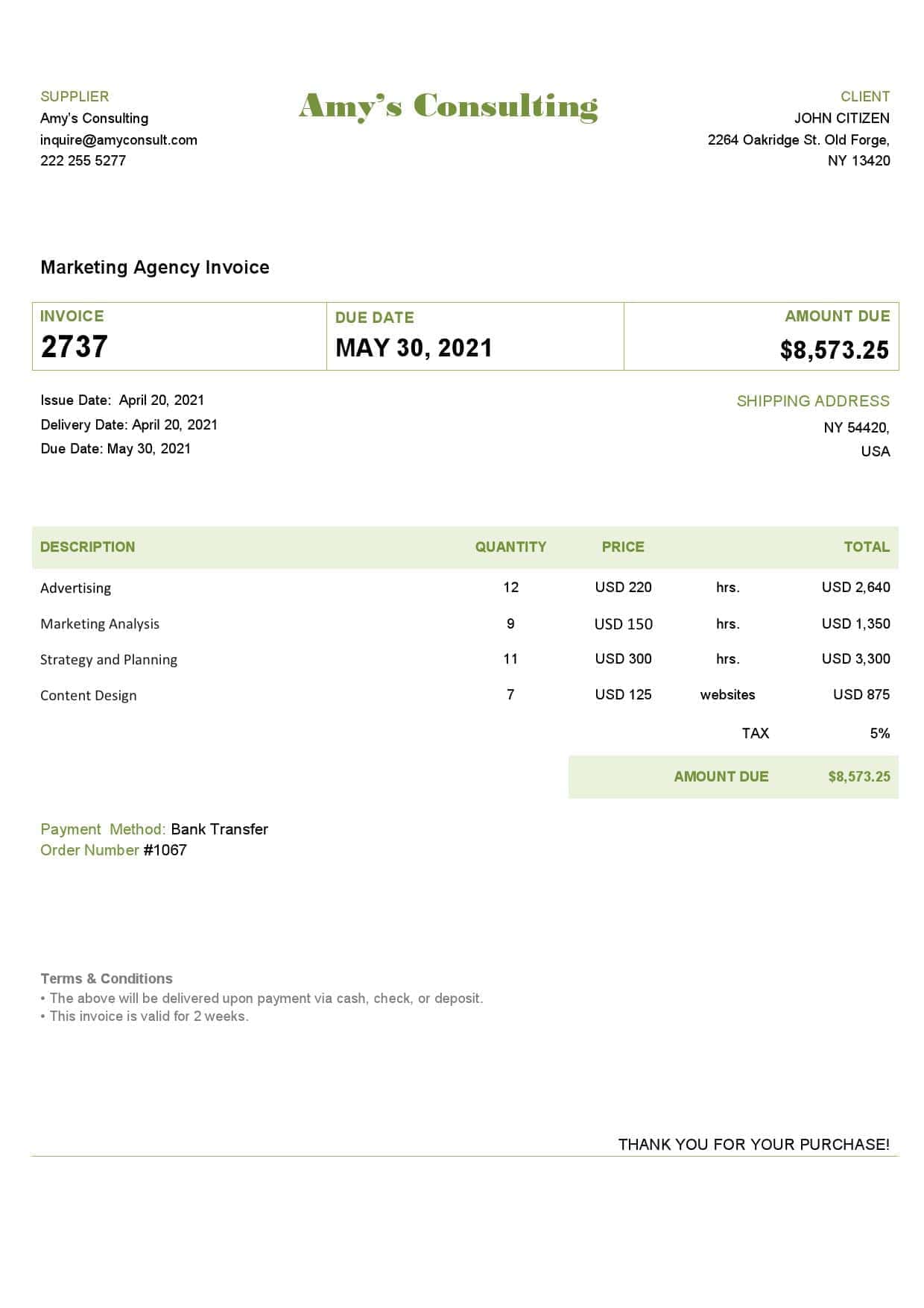 USA_Amy’s Consulting_invoice USA Amy’s Consulting invoice template in Word and PDF format, fully editable