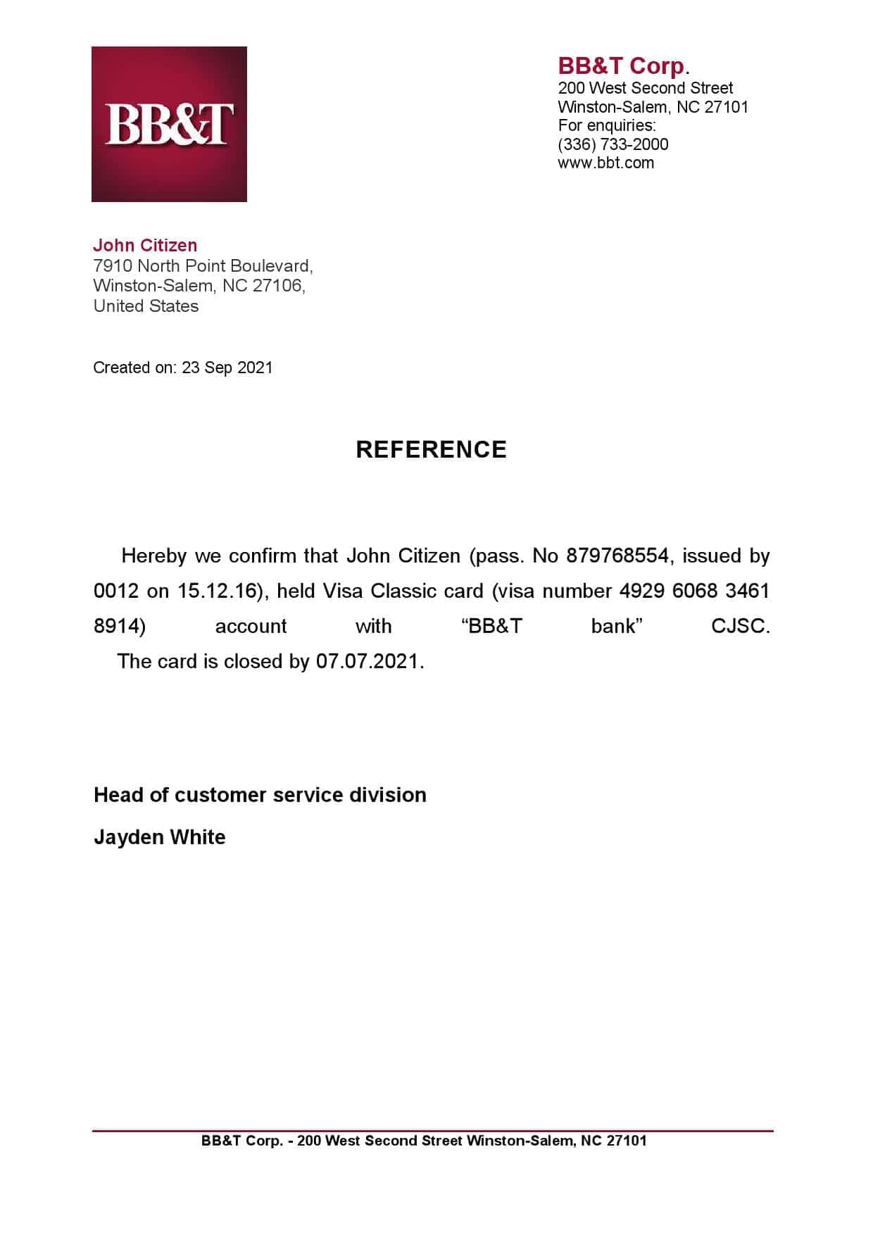 USA BB&T bank account closure reference letter template in Word and PDF format USA BB&T bank account closure reference letter template in Word and PDF format
