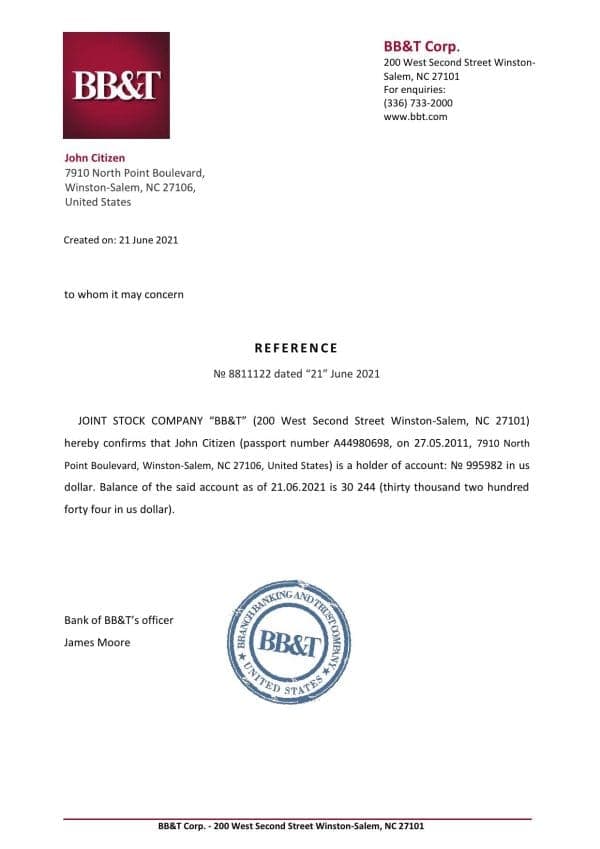 USA BB&T bank account reference letter template in Word and PDF format USA BB&T bank account reference letter template in Word and PDF format