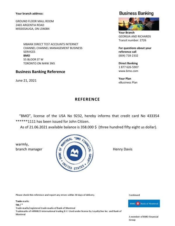 USA BMO bank account reference letter template in Word and PDF format USA BMO bank account reference letter template in Word and PDF format